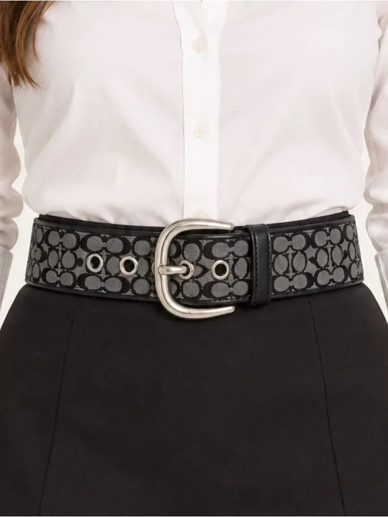 Vintage Y2K Coach 3977 Signature Jacquard Wide Grommet Belt Black Small
