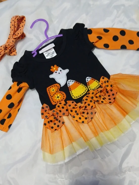 Bonnie Baby Black & Orange Candy Corn Tulle Dress with Polka Dot Sleeves