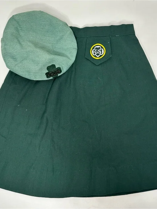 Vintage 1960s Girl Scouts Union Made Green Skirt Hat Uniform 2pc Bundle Small