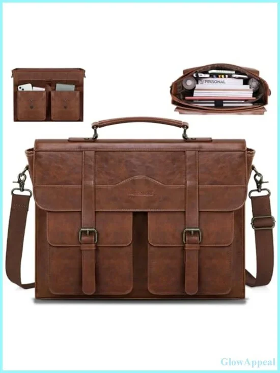 Mens 17.3 Inch PU Leather Laptop Messenger Bag Briefcase Satchel