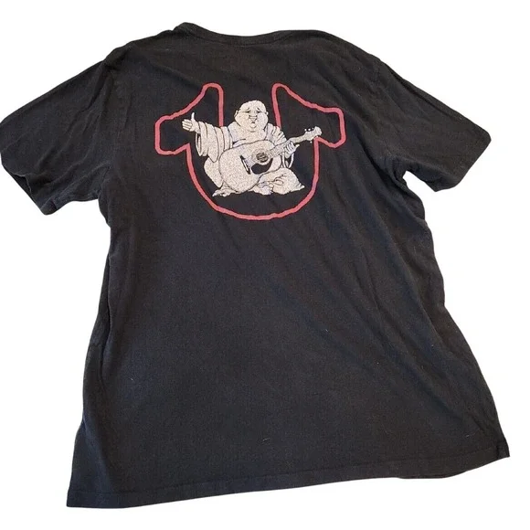 True Religion Buddha Guitar Graphic Black T Shirt Men's Size L Vintage Y2K style