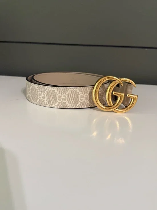 Gucci Beige GG Canvas Belt with Gold Double G Buckle