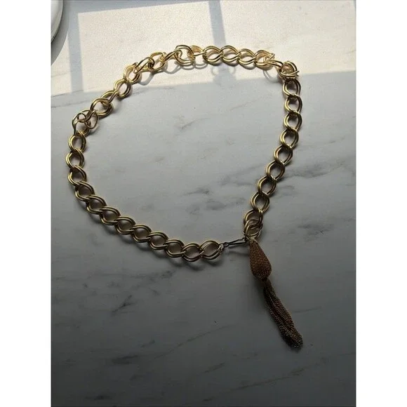 Vintage Chain Belt Small Gold Chunky Tasseled Metal Links Disco Going Out 70s