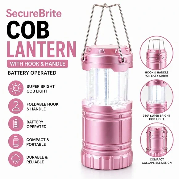 SecureBrite‎ Large COB Lantern Pink Battery Operated Collapsible Hook Handle NEW