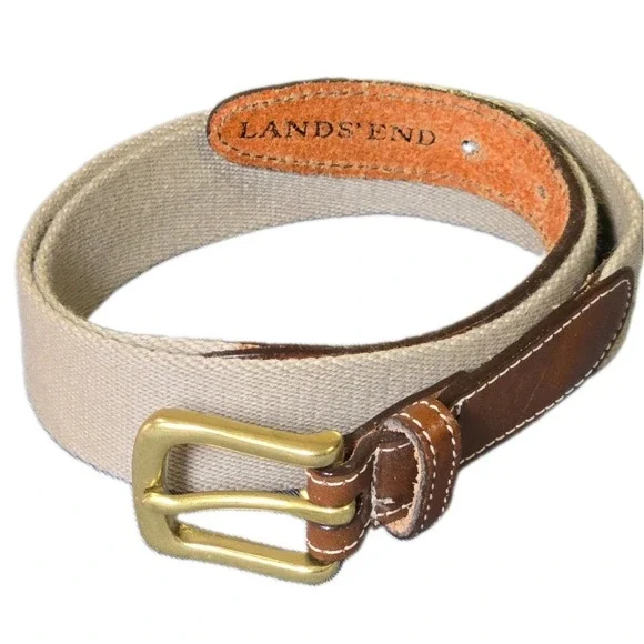 Vtg Lands End Men 32 Woven Cotton Web Leather Belt Brass Buckle Ivy Preppy USA
