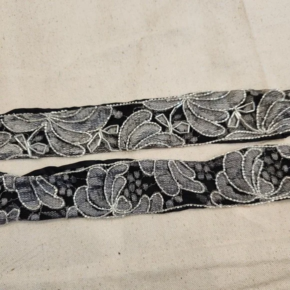 Vintage Black Silver Beaded Lace Sash Belt Bridal Dress Accessory 54
