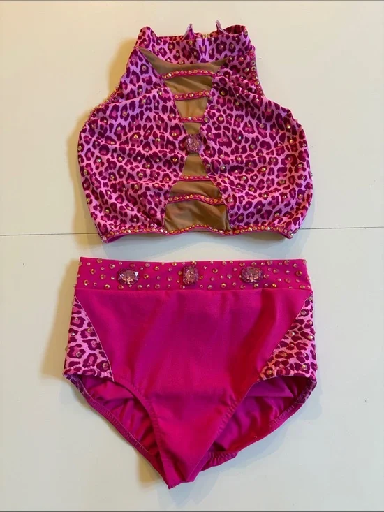 Girls Pink Leopard Dance Costume Set with Jewel Accents