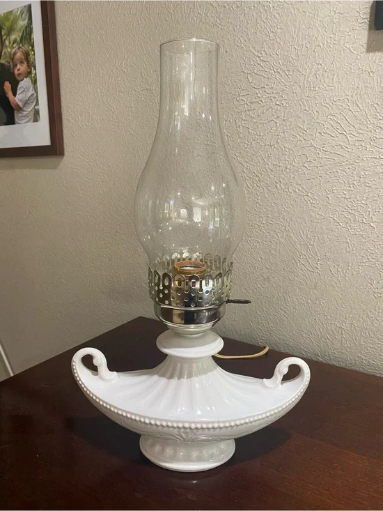 Vintage, Milk Glass Electric Hurricane Lamp, Wide Handled Base and Glass Chimney