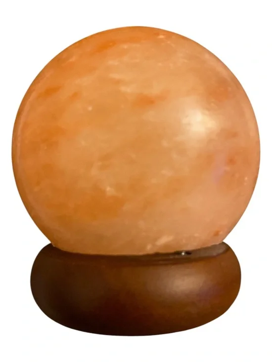Himalayan Salt Sphere Lamp on Wooden Base - Natural Orange