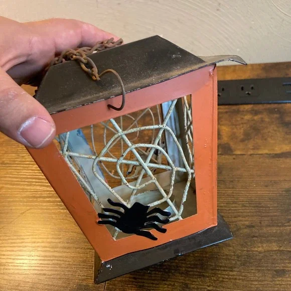 Halloween Hand Painted Metal Spiderweb Lantern Orange Black Tea Light Holder
