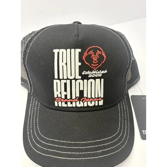 True Religion Buddha Logo Trucker Hat Black Mesh Back Adjustable One Size