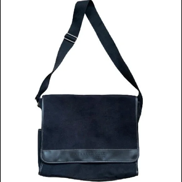 Kenneth Cole New York Messenger Shoulder Bag Black Faux Suede Adjustable…