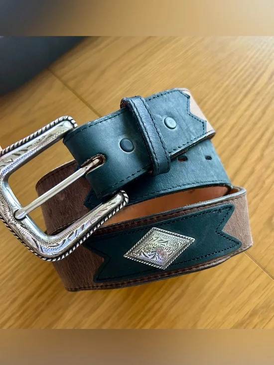 Nocona Brown and Dark Green Western Leather Belt with Decorative Silver Concho