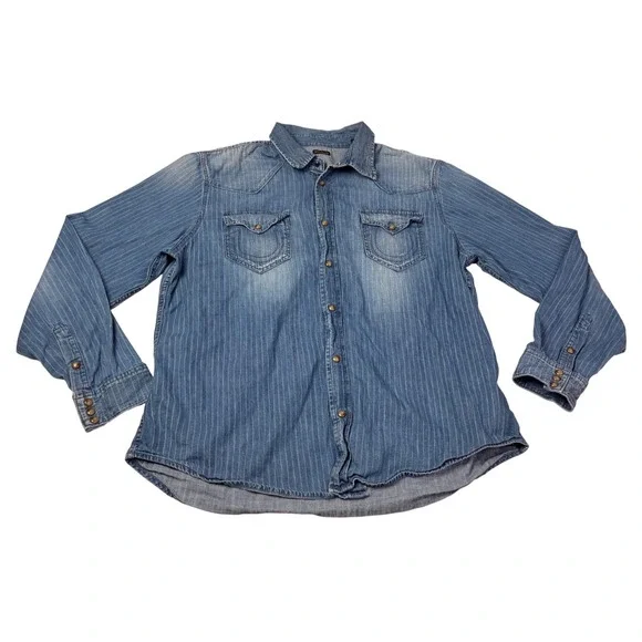 True Religion Mens Striped Denim Western‎ Shirt XXXL XXXG Distressed Italy