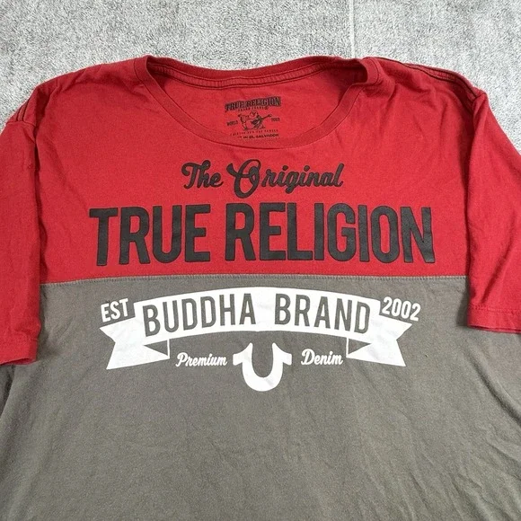 True Religion XXL Colorblock T-Shirt Red‎ Gray Black Buddha Brand Graphic Y2K