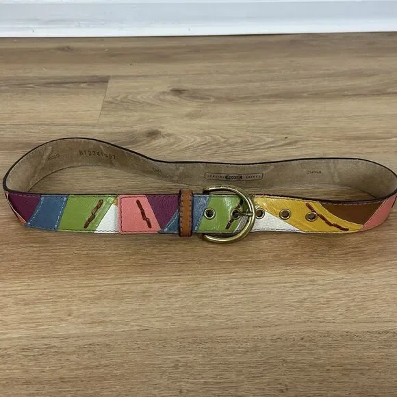 Y2K Fossil Women Patchwork Leather Belt MultiColor Embossed Skin Brass Buckle M