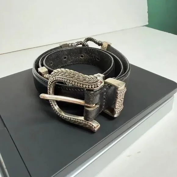 Vintage Talbots Black Leather Belt Silver Tone Knot Buckle Large 1996 Western