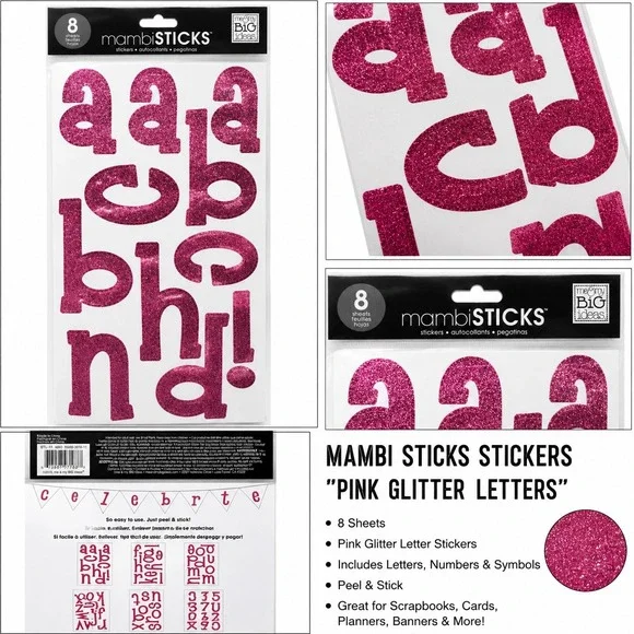 Mambi Sticks Pink Glitter Letter Stickers 8 Sheets‎ Alphabet Numbers STL-11