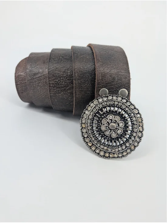 Fossil BT2918001 Brown Tooled Leather Belt Rhinestone Concho Buckle Boho Western