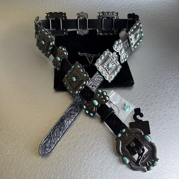 Lucky & Blessed Black Embossed Adjustable Concho Belt - XL Runs Bigger Dust Bag