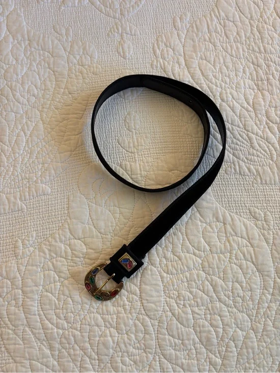 Vintage Black Women's Belt with Multicolor Stone Buckle