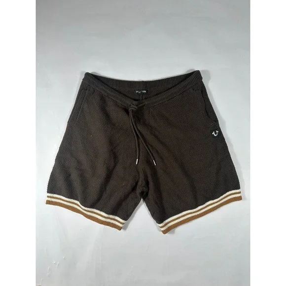 True Religion Mens Brown Sweater Knit Shorts Striped Trim XL