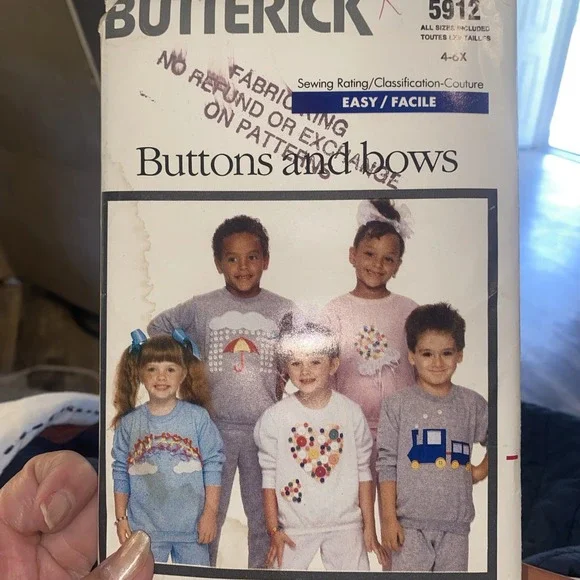 BUTTERICK 5912 CHILD SZ 4-6X Buttons & Bows TOPS & PANTS SEWING PATTERN ©1987