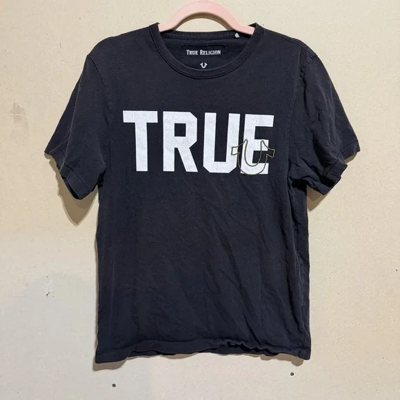True Religion Men's Black Graphic Tee Shirt True Slogan Size Small Distressed