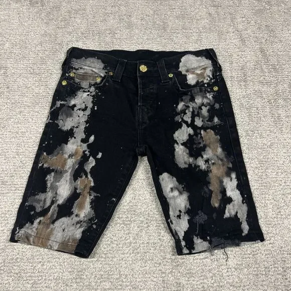 True Religion Shorts Mens 30 Black Rocco No Flap Denim Stretch Distressed Jorts