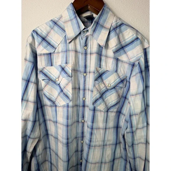 True Religion Mens Western Shirt Blue XXL Plaid Pearl Snap Long Sleeve Cotton