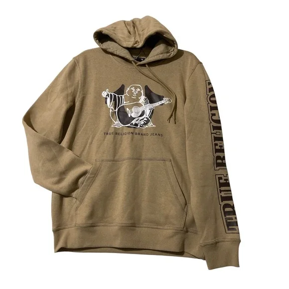 True Religion Mens‎ Travertine Tan Buddha Graphic Pullover Hoodie Small