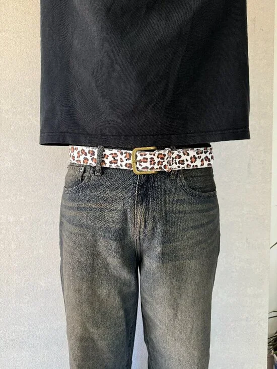 White Cheetah Print Brass Buckle Belt
