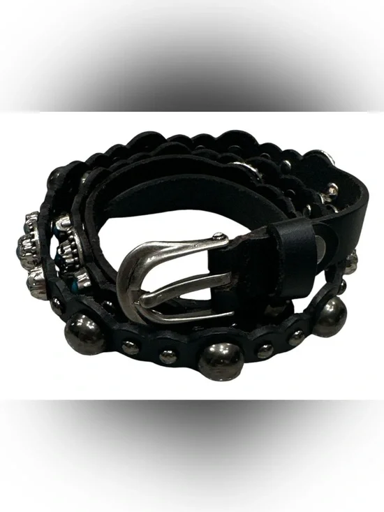 Genuine Leather Scalloped Belt SM Black Turquoise Western Boho Studded women’s