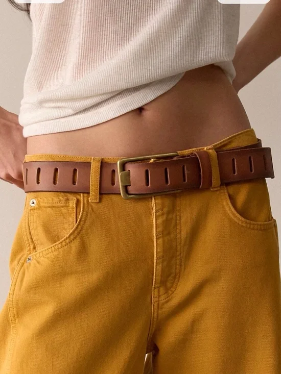 Free People Rustic Brown Leather Belt with Antique Brass-Tone Buckle