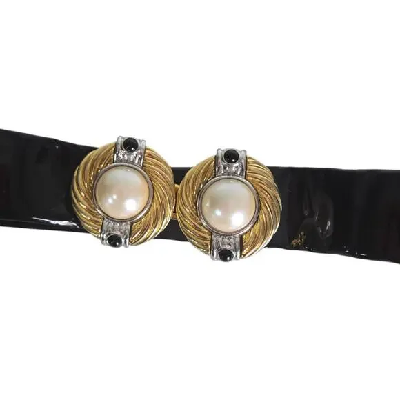 Vintage Black Patent Buckle Belt Pearl Mixed Metal Medallion Ornate 90s One Size