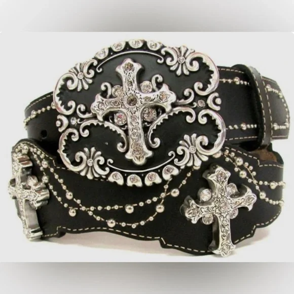 Justin Boots Leather Cross & Rhinestone Bling Belt Western Country Boho Bling