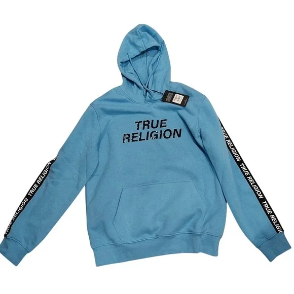 True Religion Hoodie Silicone Tape Pullover Cornflower‎ Blue XL New