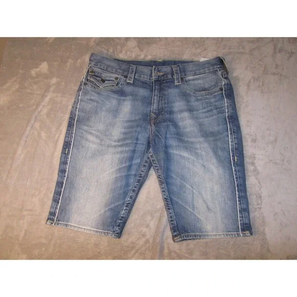 True Religion Mens Ricky Flap‎ Denim Shorts Medium Wash Blue Size 34 Horseshoe