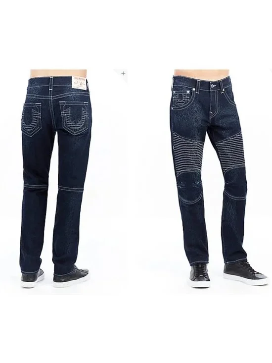 True Religion Moto Skinny Jeans Men's 34x28 Dark Wash Run Stitch Cracked Texture
