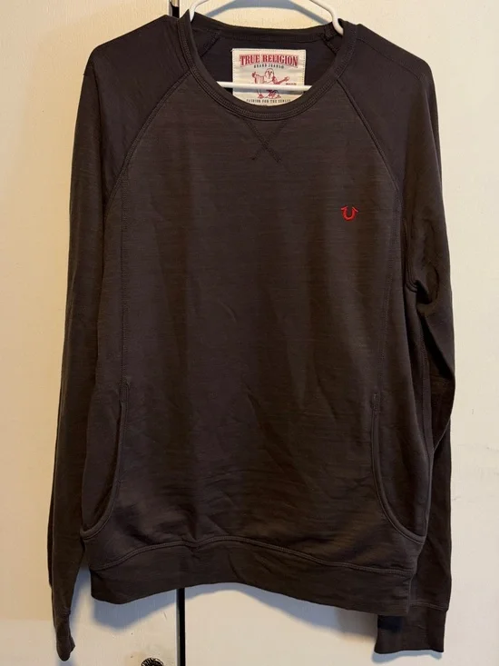 True Religion Men's Long Sleeve Crew Sweatshirt - Grey Black P34