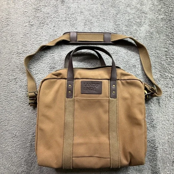 Lands' End Waxed Canvas Laptop Briefcase Bag Zip Close Crossbody Tan Leather