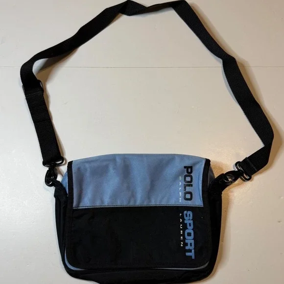 Vintage Polo Sport Messenger Bag Small Blue Black Nylon Crossbody 90s
