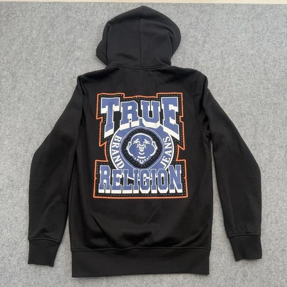True Religion Mens Small Black Zip Hoodie Retro Stud Buddha Graphic Back 700437