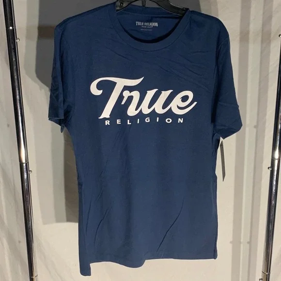 True Religion SS Scripted True Navy White Short Sleeve‎ Tee NWT Mens Medium