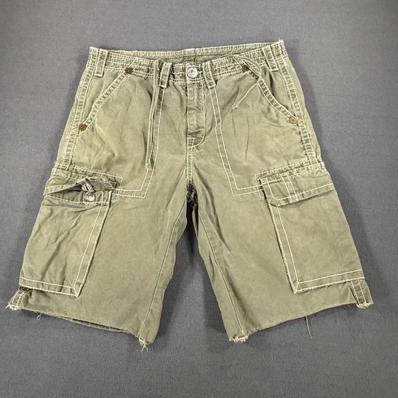 True Religion Mens Super T Cargo Shorts Olive Green White Stitch Y2K Size 34 37