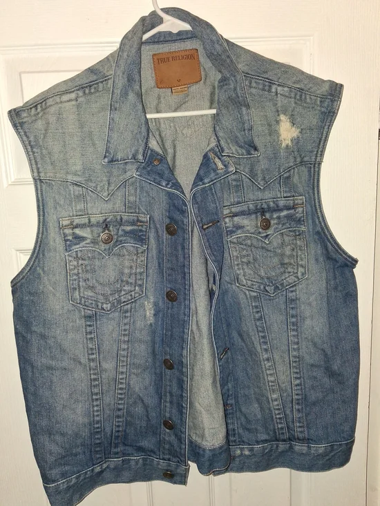 True Religion Men's Faded Blue Denim Vest with Distressed Detail