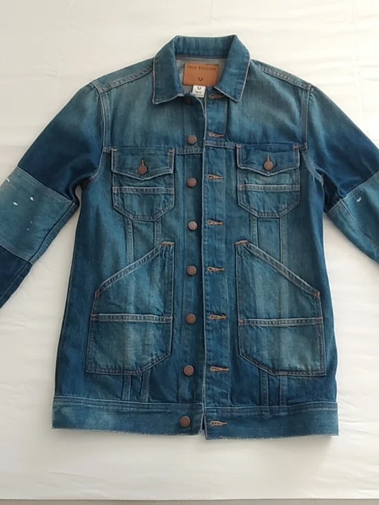 True Religion Men's Patchwork Deconstructed Faded Blue Denim Jacket, Y2K Size XS