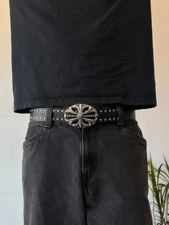 Black Faux Leather Studded Silver Cross Buckle Belt