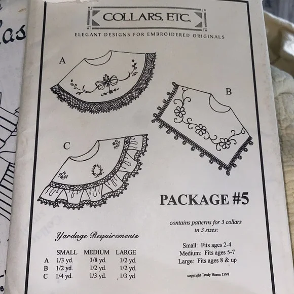 Vintage Collars Etc Trudy Horne Package 5 Sewing Pattern Embroidered 1998