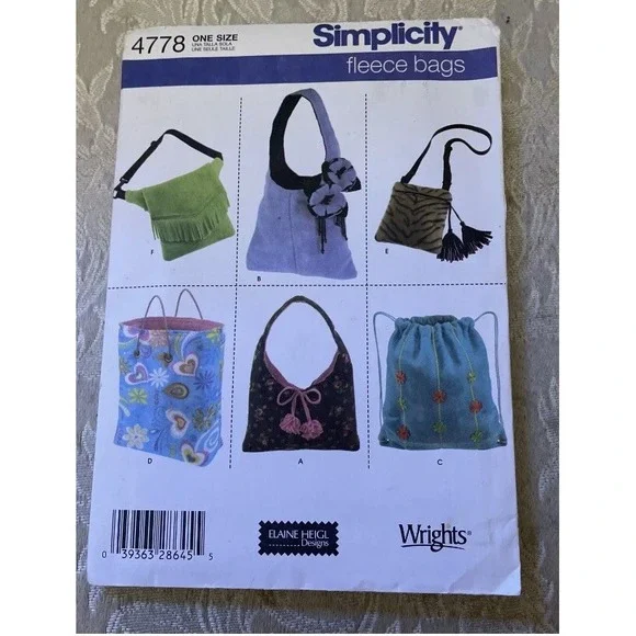 Simplicity 4778 Fleece Bag Sewing Pattern Elaine Heigl Designs 6 Styles Cut
